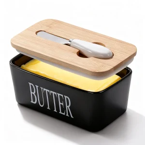 1 Set Of Ceramic Butter Dish With Bamboo Lid