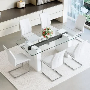 Glass Dining Table Set  with 6 PU Leather, Customized chairs