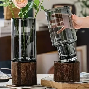 Elegant Glass Vase with Wooden Base for Hydroponic Plants,